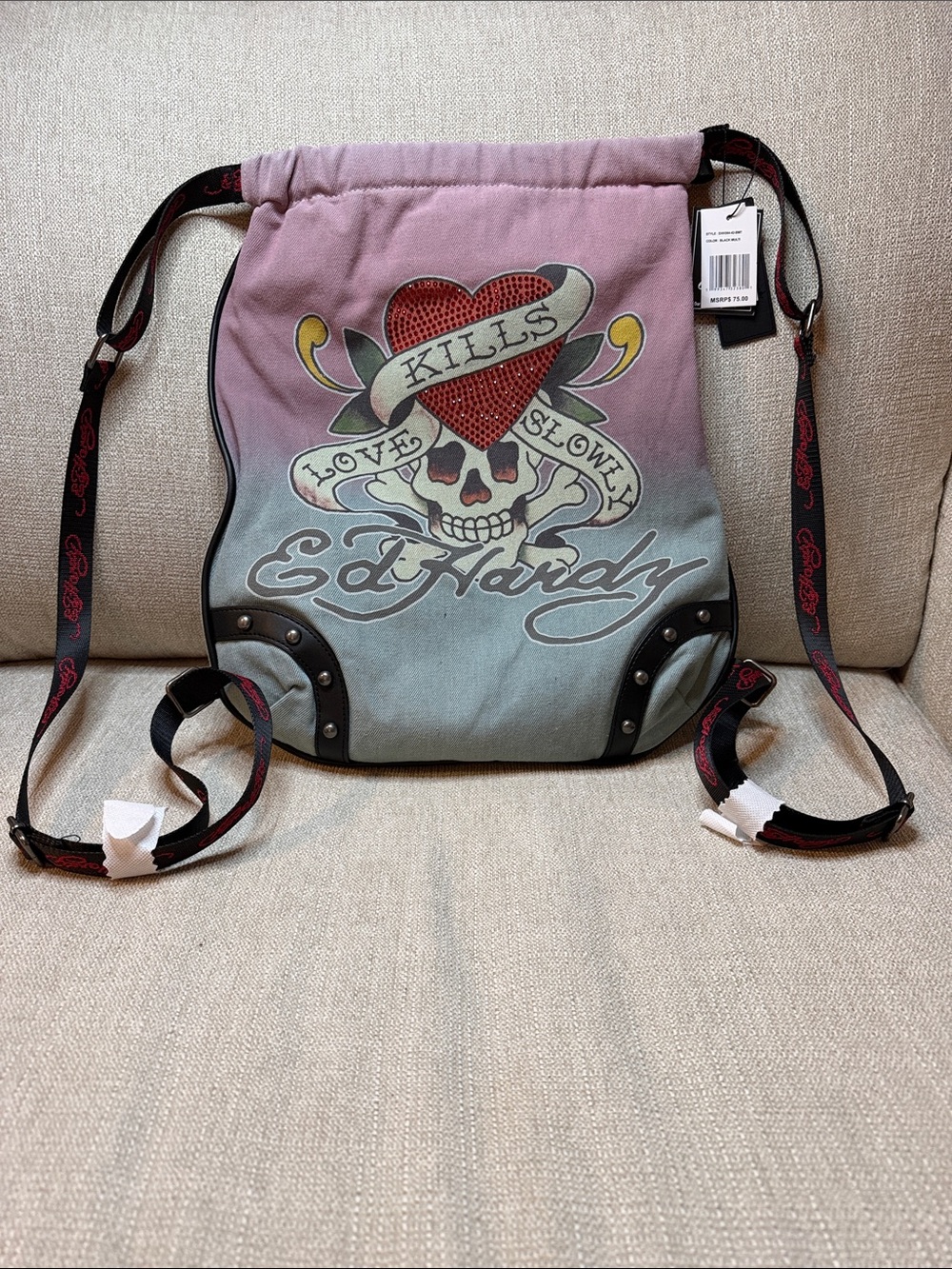 Ed Hardy Pink-to-blue Ombre Skull Drawstring Backpack